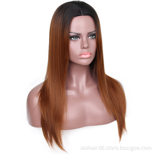 Aisi Hair Top Selling Long Silky Straight Wave Wigs For Black Women Ombre Brown Color Synthetic Fiber Wigs